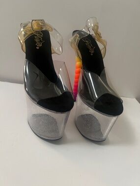 Pleaser Clear Platform Sandals with Rainbow Spiral Heel and Gold Strap size 8M